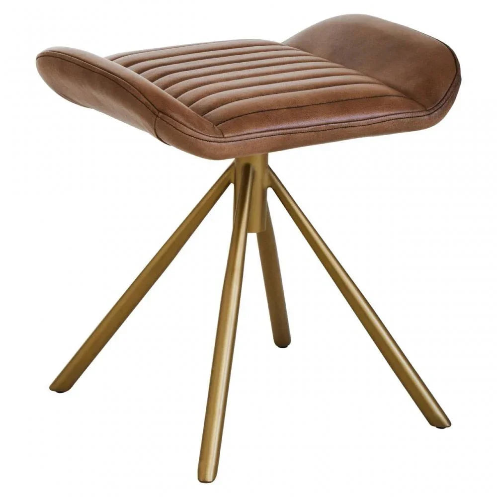 Brown leather stool with ribbed seat and gold tripod metal legs