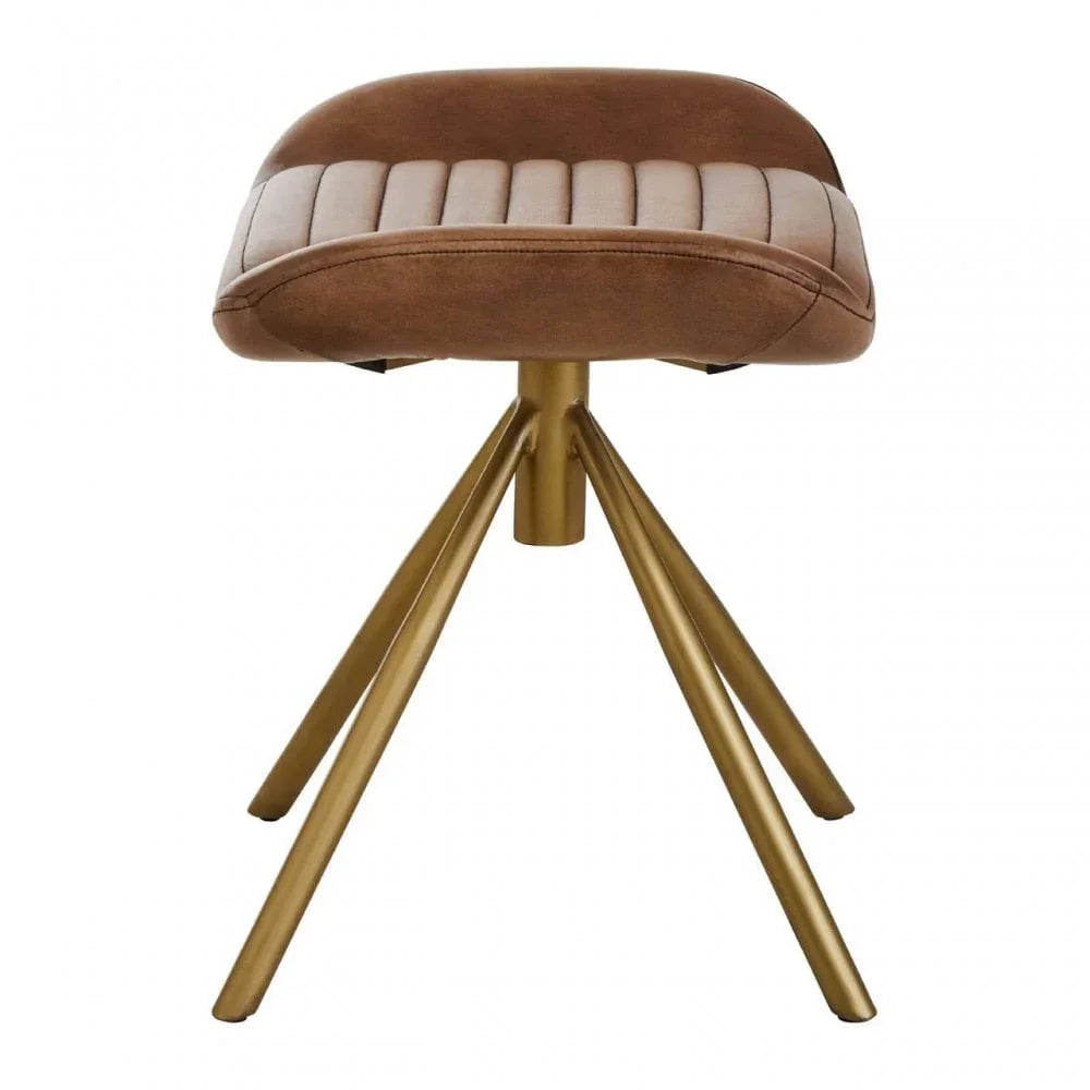 Brown upholstered stool with gold metal legs and stitched seat detailing