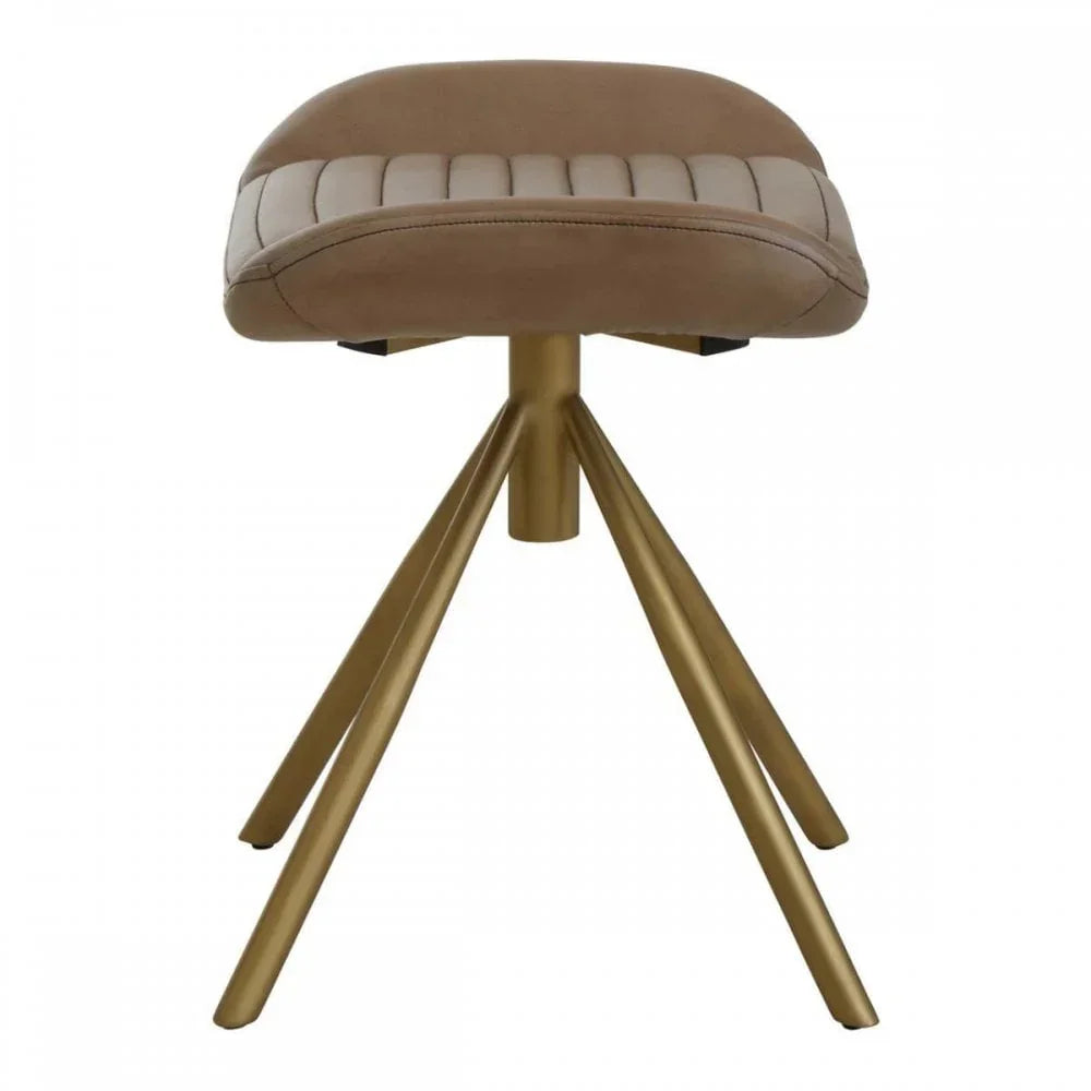 Beige upholstered stool with gold metal legs and stitched seat front view