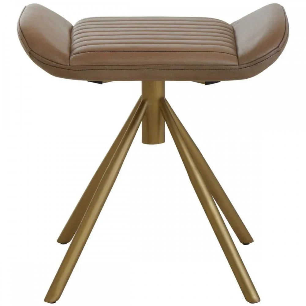 Brown faux leather stool with gold metal legs and ribbed seat upholstery