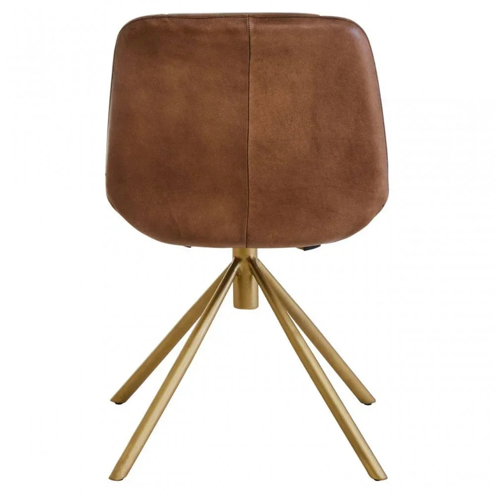 Brown leather dining chair with gold metal legs, rear view