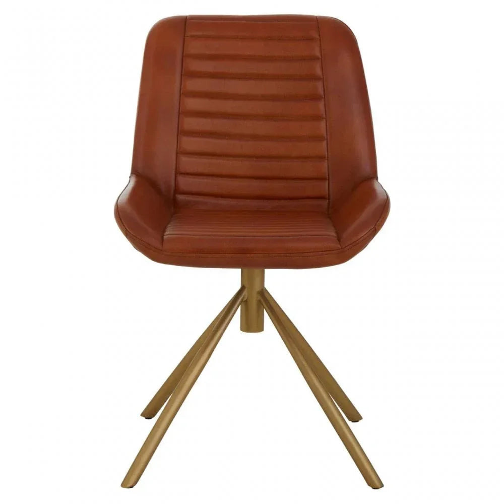 Brown leather dining chair with gold metal legs, ribbed seat design, front view
