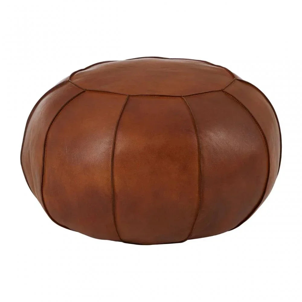 Round brown leather pouffe ottoman with stitched panel design