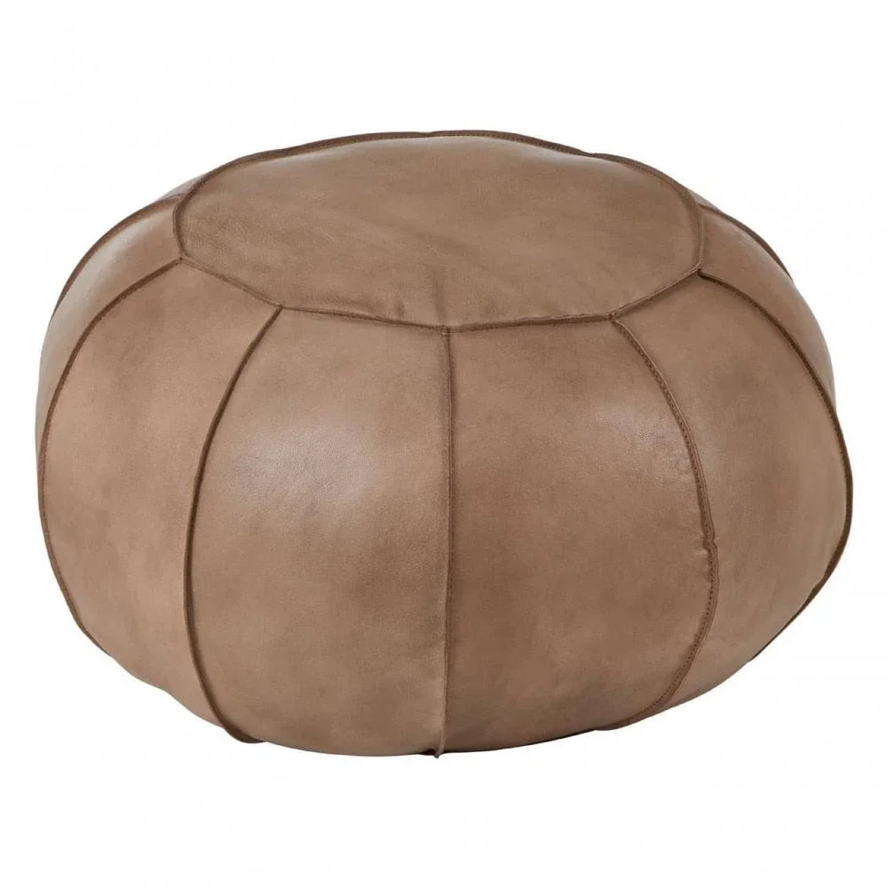 Round tan leather pouffe footstool with stitched panel detailing
