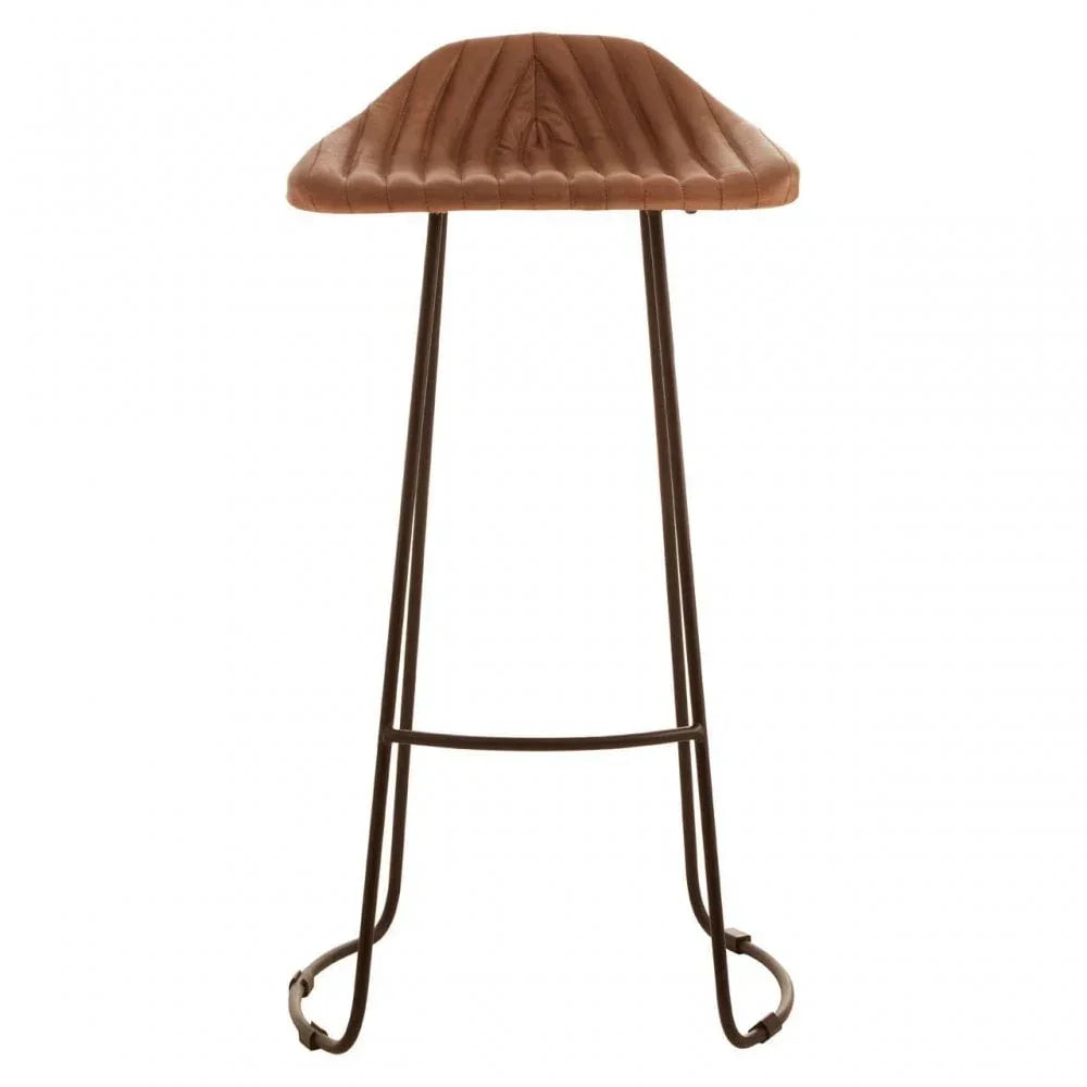 Brown leather bar stool with quilted seat and black metal legs, front view
