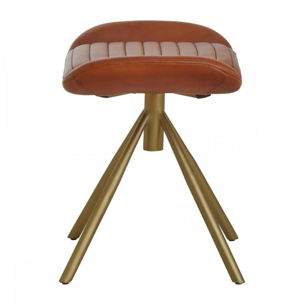 Brown leather stool with quilted seat and gold metal legs, front view