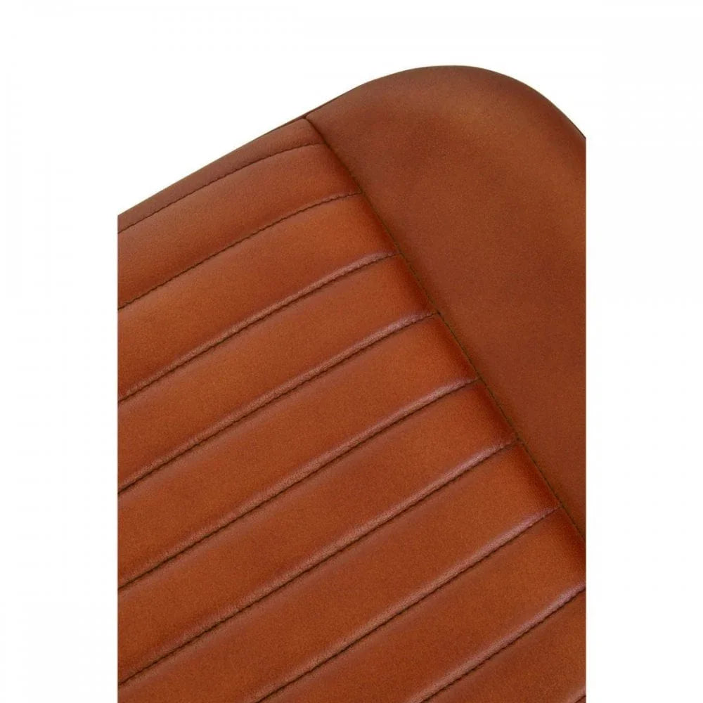 Brown faux leather dining chair seat with vertical stitching detail, close-up view