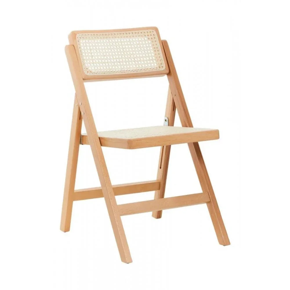 Light wood folding chair with rattan seat and backrest, angled view