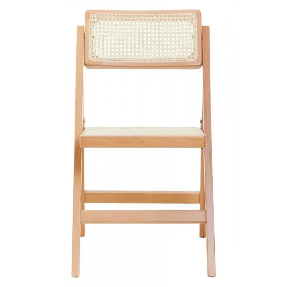 Natural wood folding chair with woven cane seat and backrest, front view