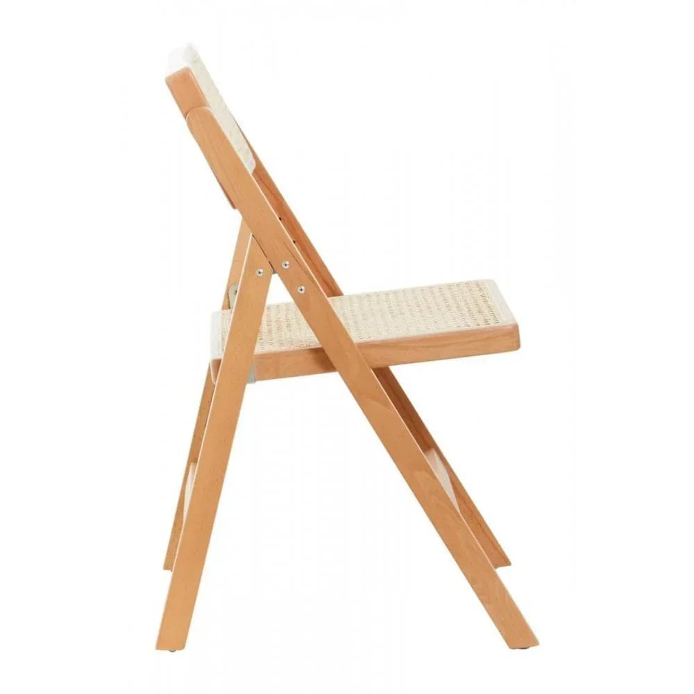 Side view of folding wooden dining chair with woven rattan seat and backrest