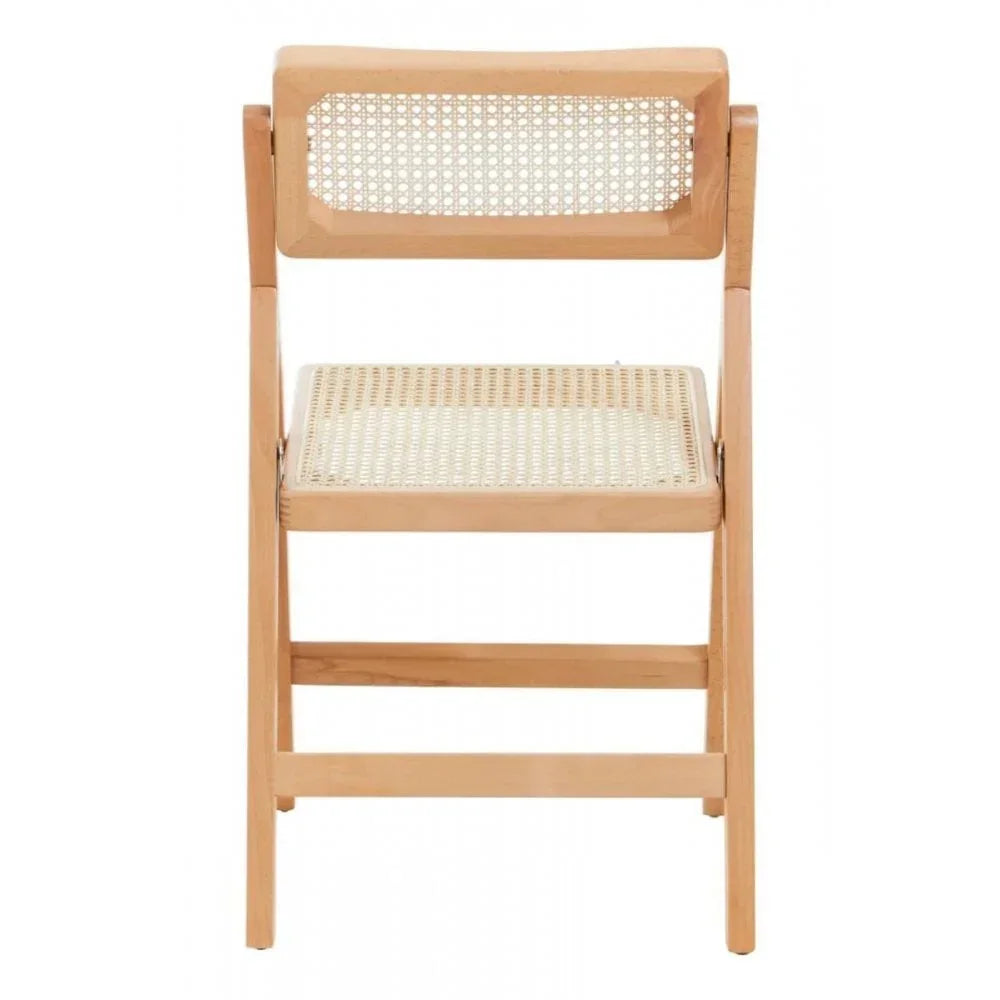 Natural wood folding chair with woven rattan seat and backrest, front view