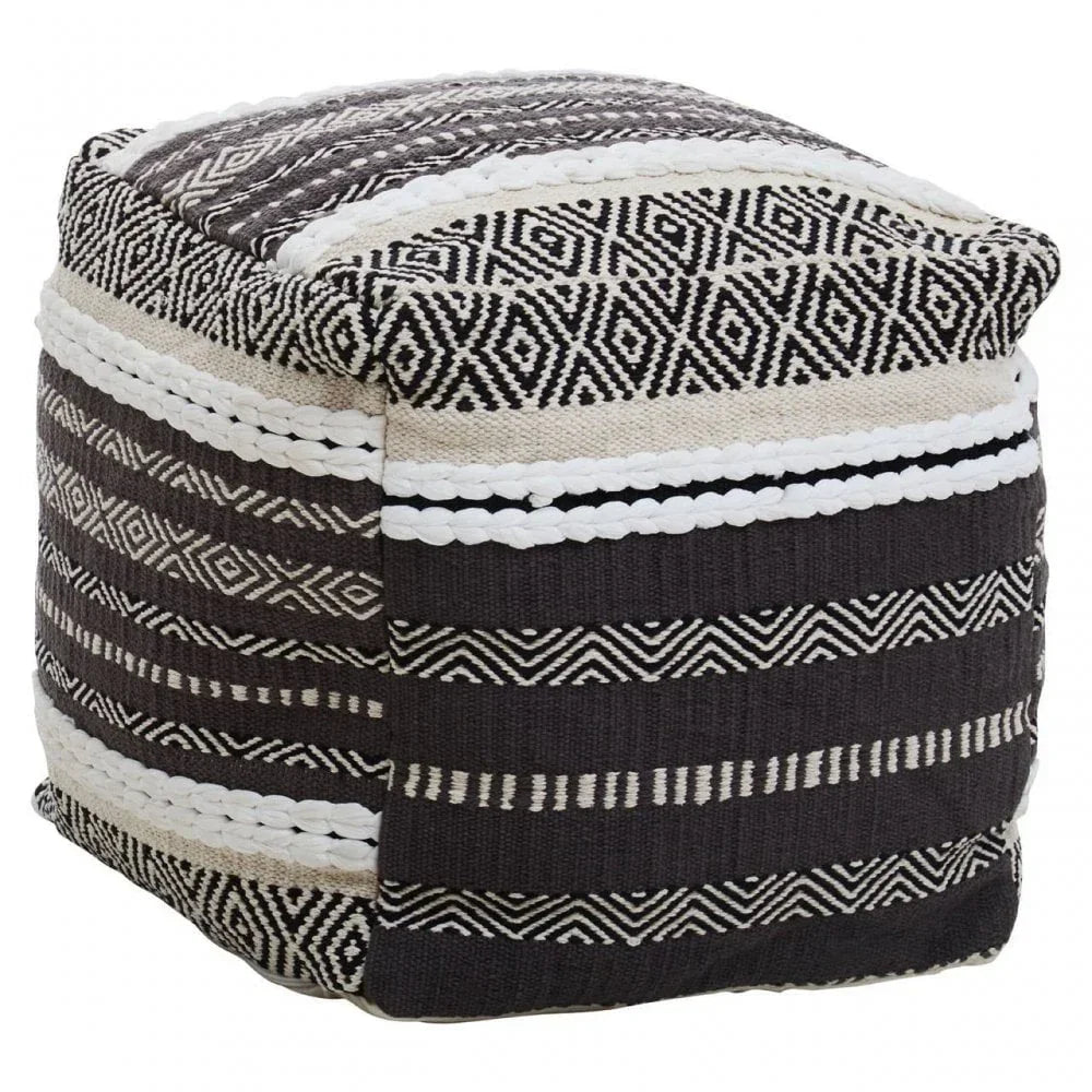 Black and cream patterned pouffe with geometric woven fabric design