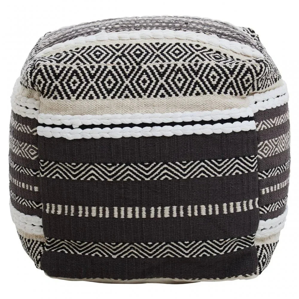 Black and cream woven pouffe with geometric pattern and textured stripes, front view