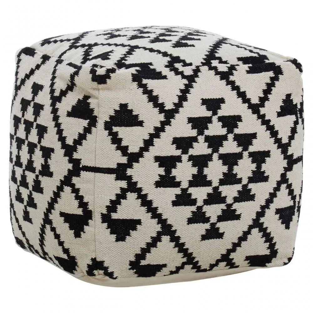 Black and white geometric patterned fabric pouffe cube ottoman