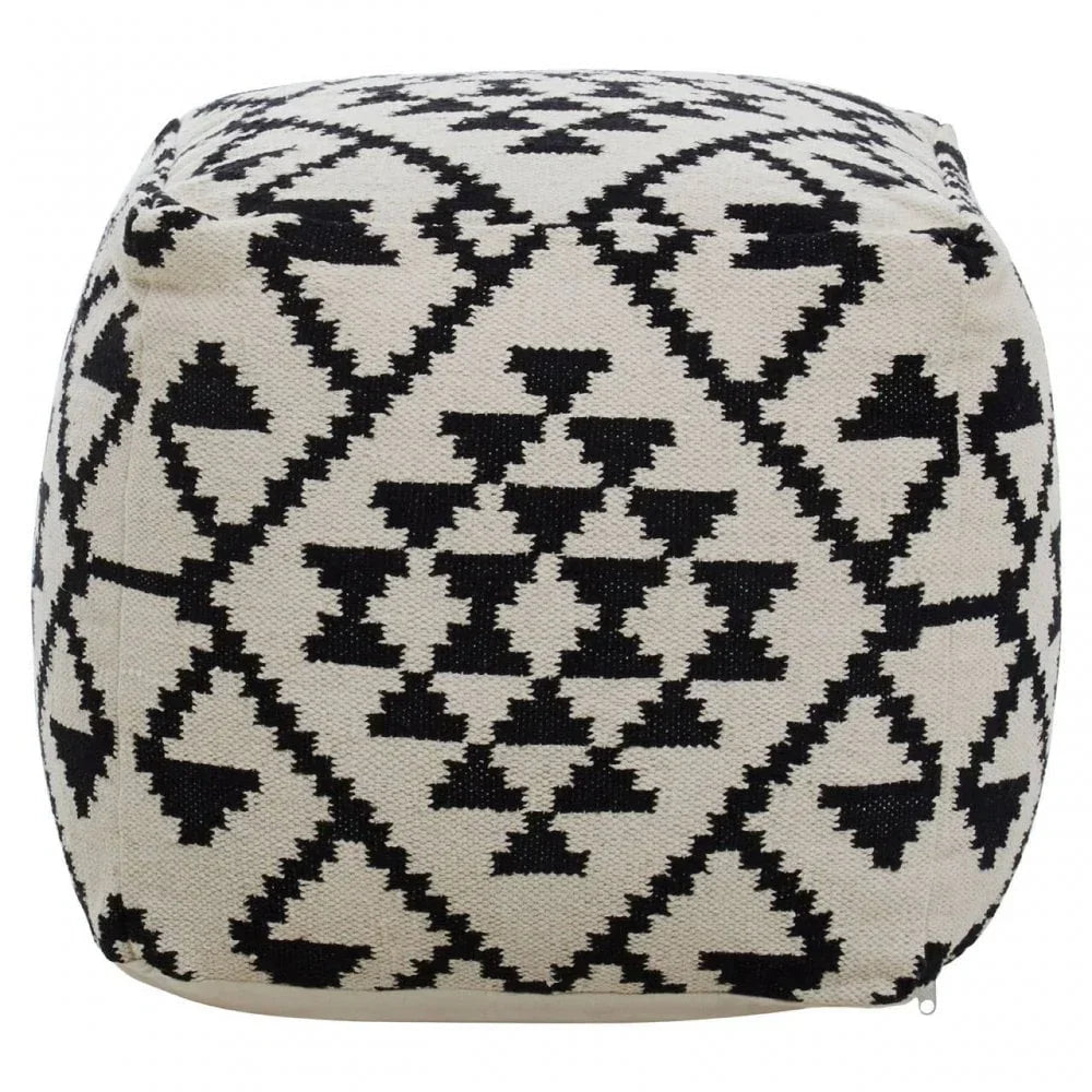 Black and white patterned fabric pouffe with geometric design, front view