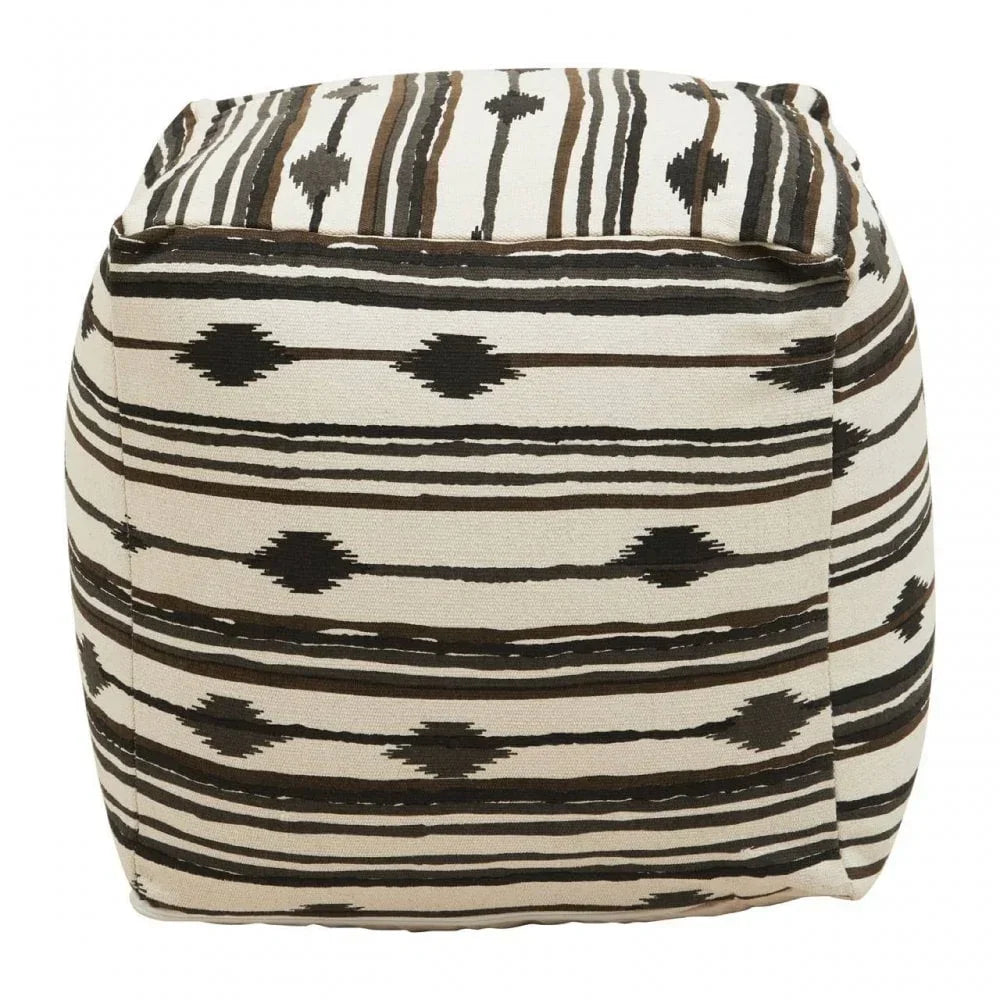 Square pouffe with black and brown geometric pattern on cream fabric, front view