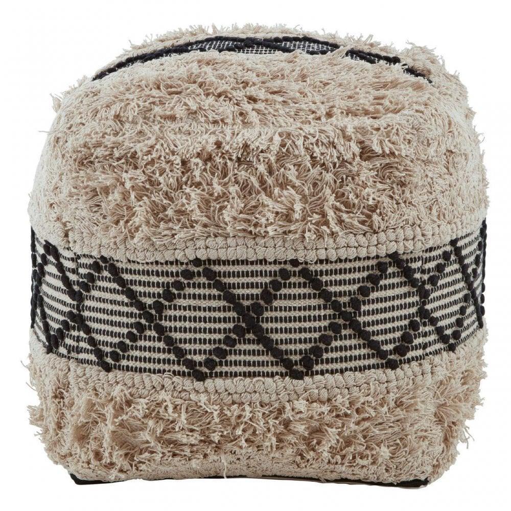 Beige textured pouffe with black geometric pattern, square shape, soft fabric upholstery
