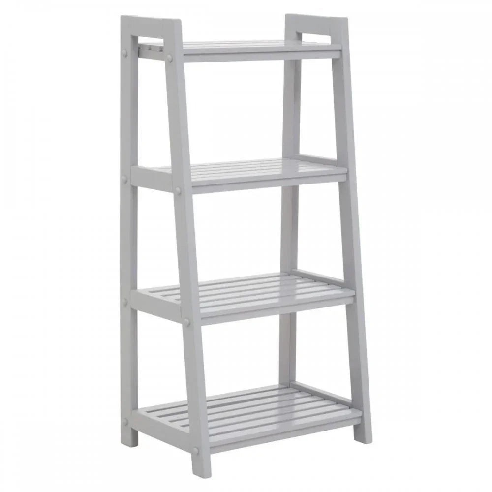 Grey wooden ladder shelf unit with four slatted tiers for home storage or display