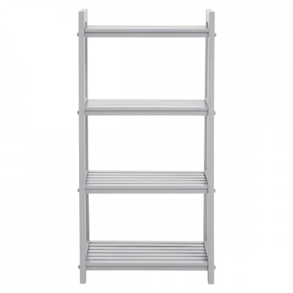 White wooden shelving unit with four slatted shelves, photographed from the front