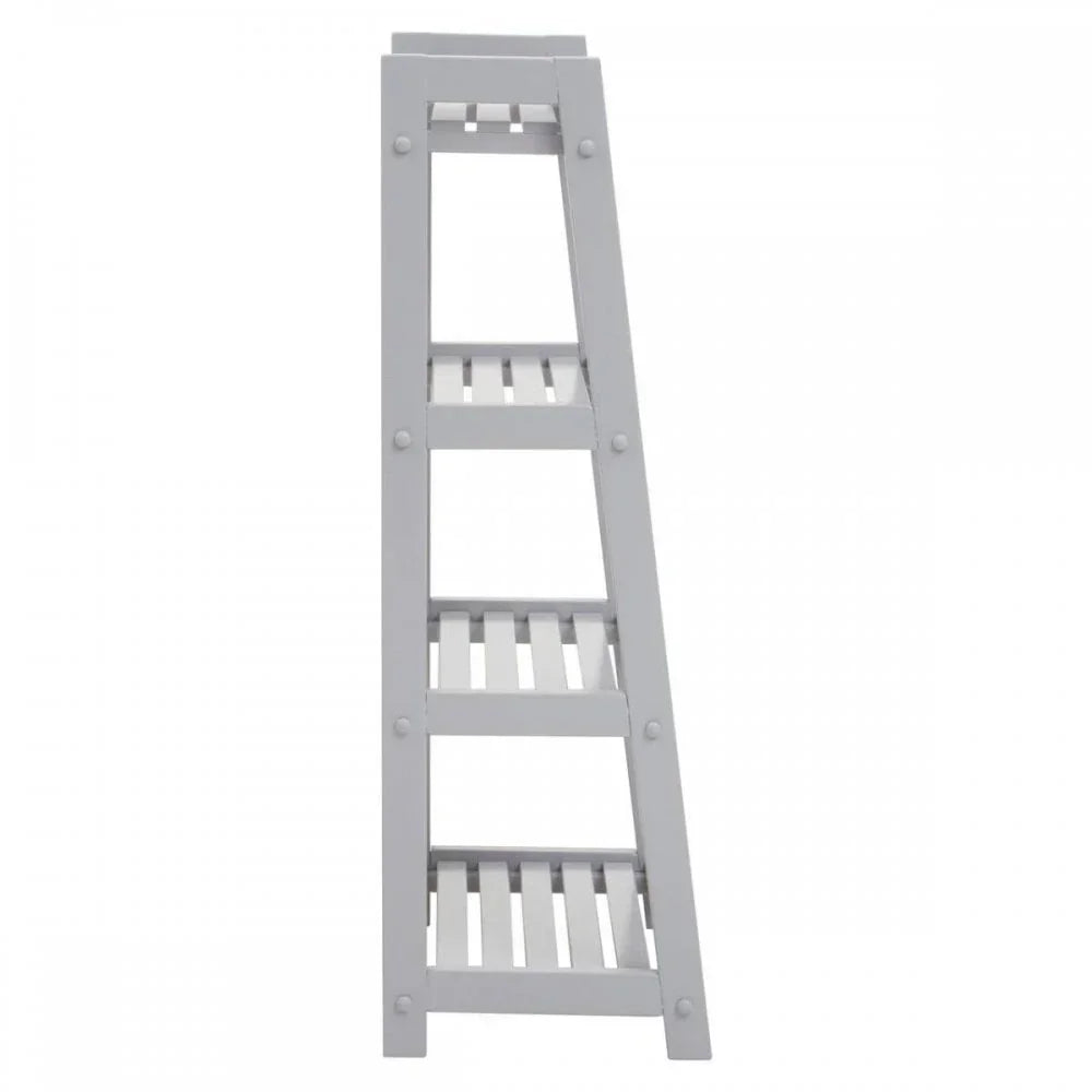 Grey wooden ladder shelf unit with four slatted tiers, side angle view