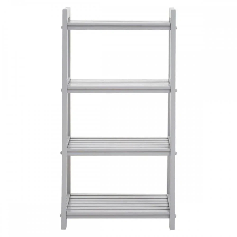 White wooden shelving unit with four slatted shelves, front view