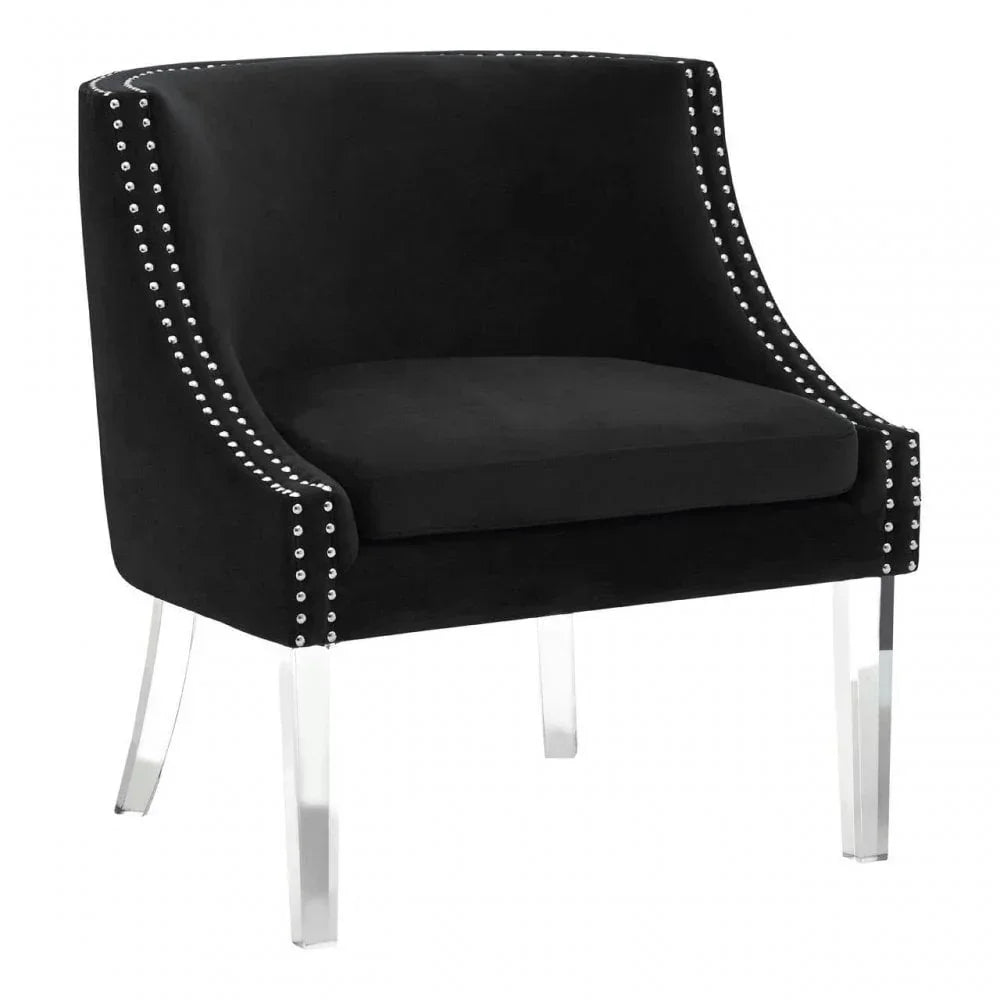 Black velvet accent chair with silver studded trim and clear acrylic legs