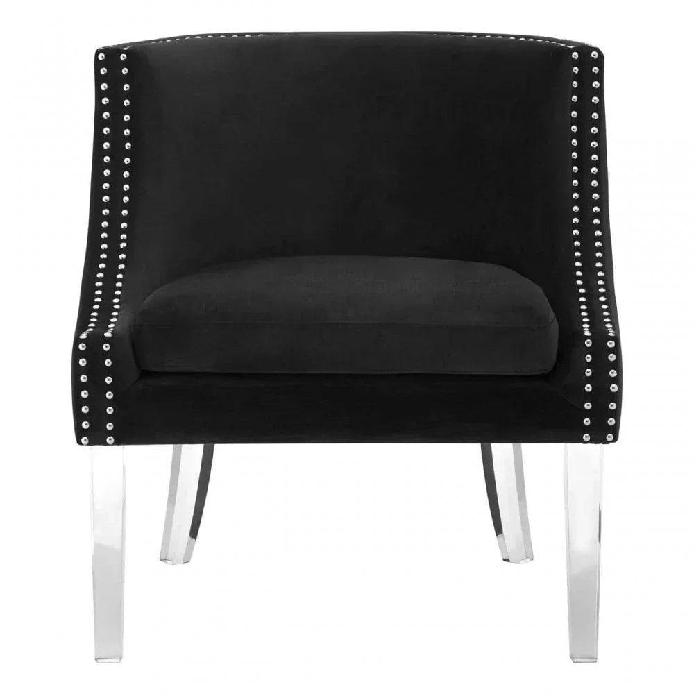 Black velvet accent chair with chrome stud detailing and clear acrylic legs, front view