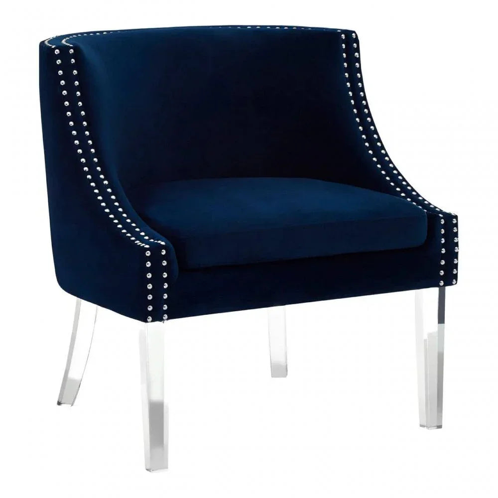 Navy velvet accent chair with silver stud trim and clear acrylic legs
