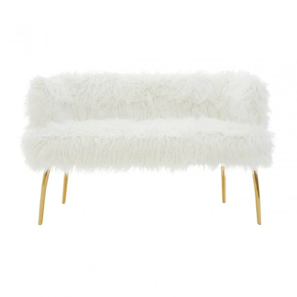 White faux fur sofa with gold metal legs, straight-on angle, modern living room furniture