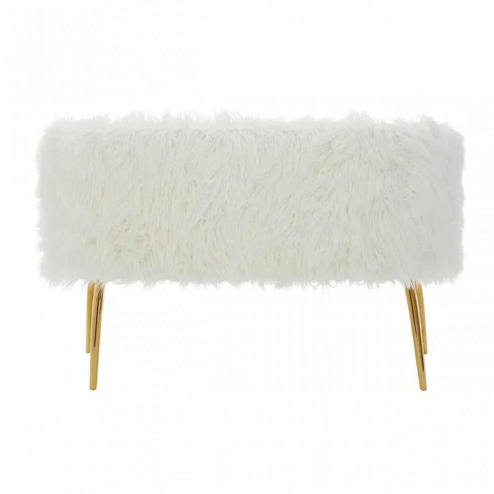 White faux fur ottoman bench with gold metal legs, front view