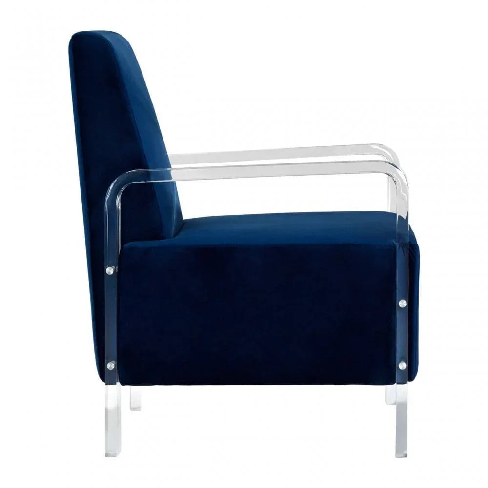 Blue velvet armchair with clear acrylic arms and legs, side view