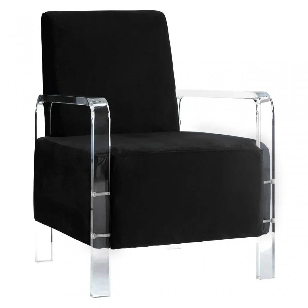 Black armchair with clear acrylic arms and legs, modern accent chair front angle