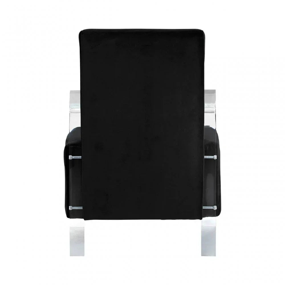 Back view of black velvet accent chair with clear acrylic legs and arms