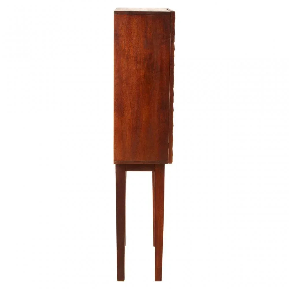 Side view of wooden cabinet with tall legs and smooth brown finish