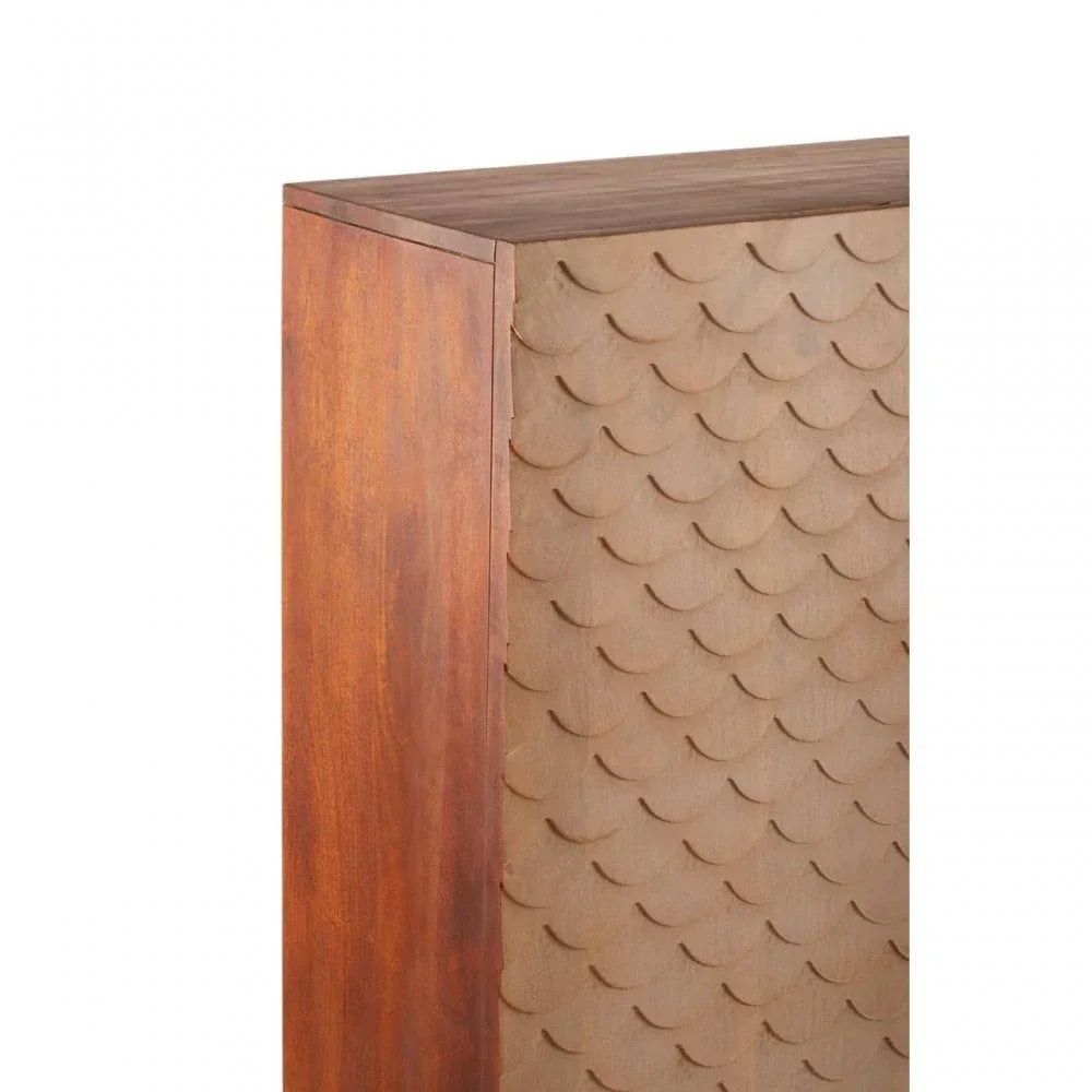 Wooden cabinet corner with brown fish scale pattern detail on side panel
