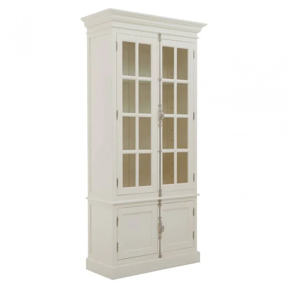 White wooden display cabinet with glass doors and metal handles, angled front view