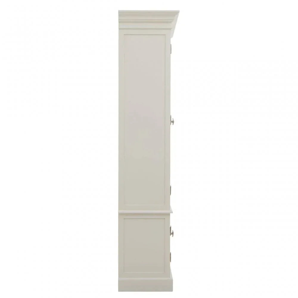 Side profile of tall cream painted wooden wardrobe with panel detailing and chrome handles
