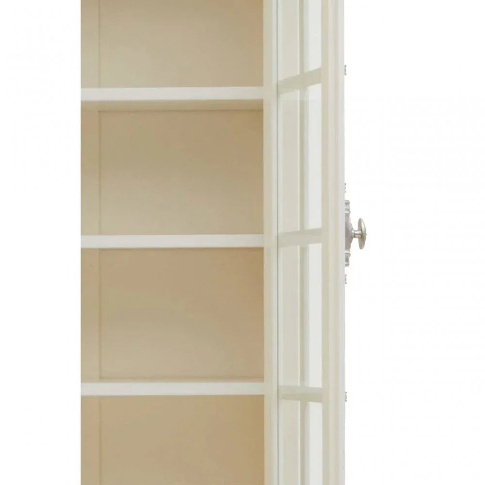 White wooden display cabinet with glass door and metal handle, showing internal shelves