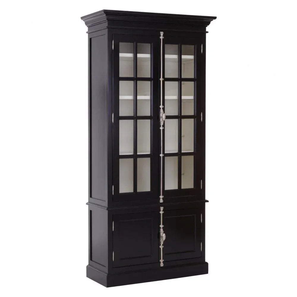 Black display cabinet with glass doors, silver handles, and lower storage cupboards