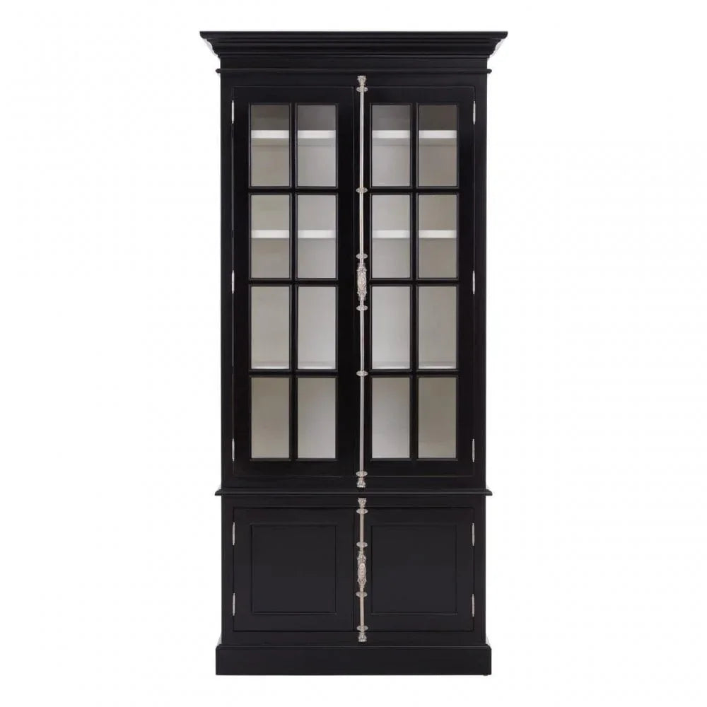 Black display cabinet with glass doors and lower storage section, front view