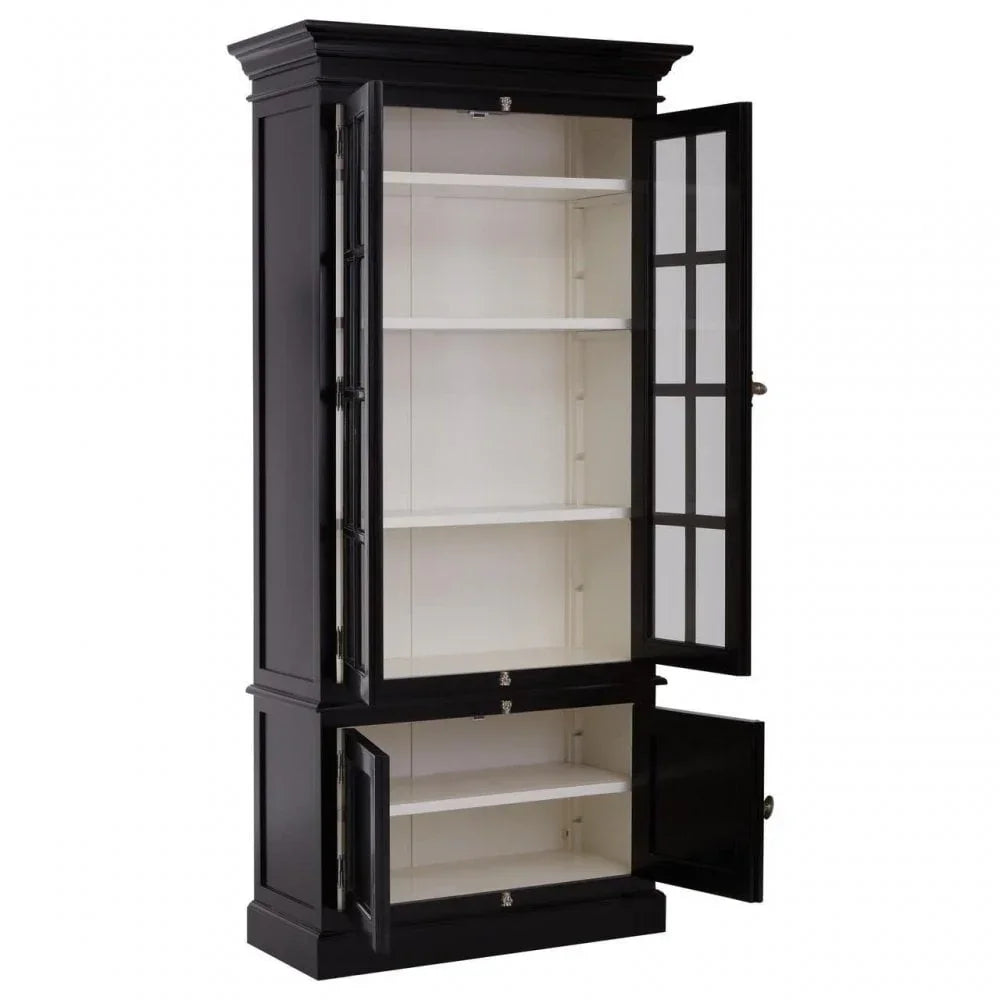 Tall black display cabinet with glass doors and white shelves, all doors open