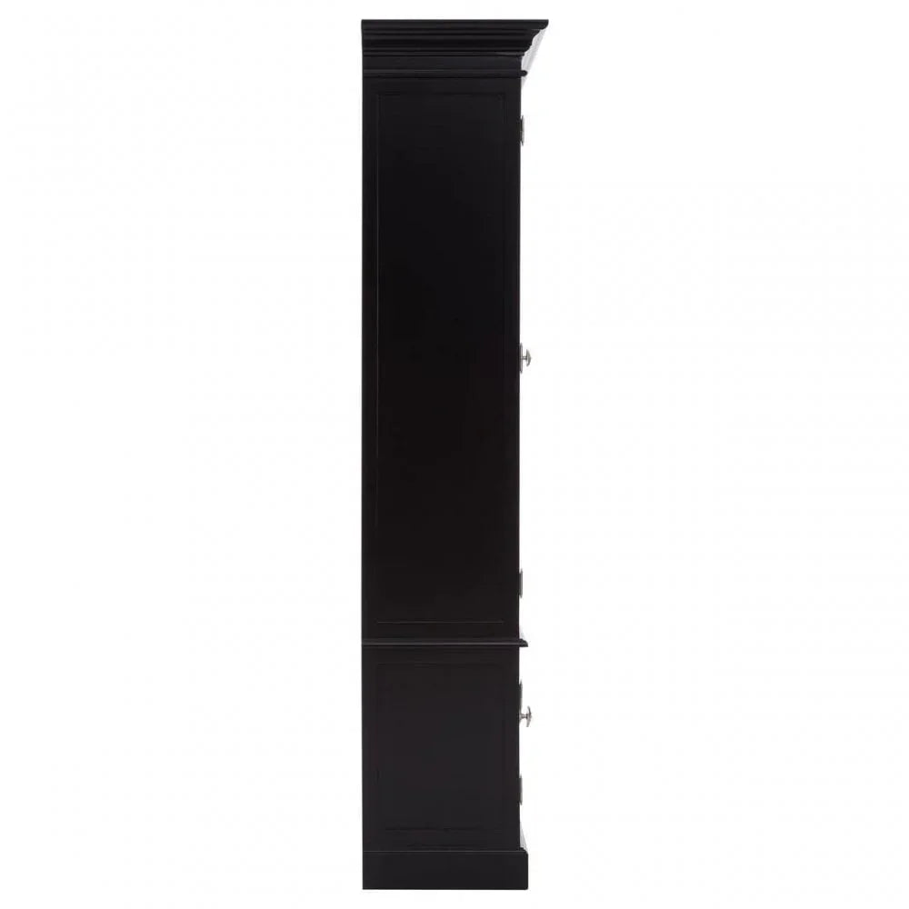 Side profile of tall black wooden cabinet with panel doors and chrome handles