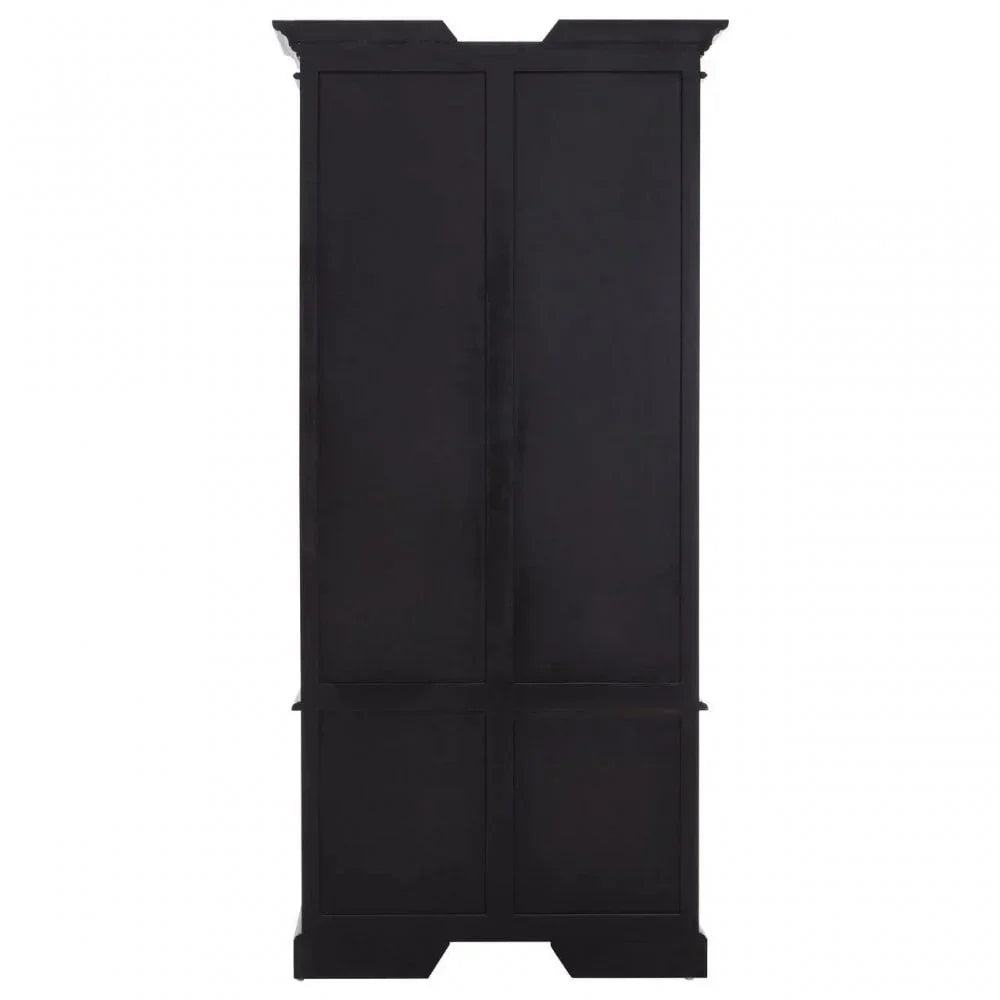 Black wooden wardrobe with double doors and panelled detailing, front view