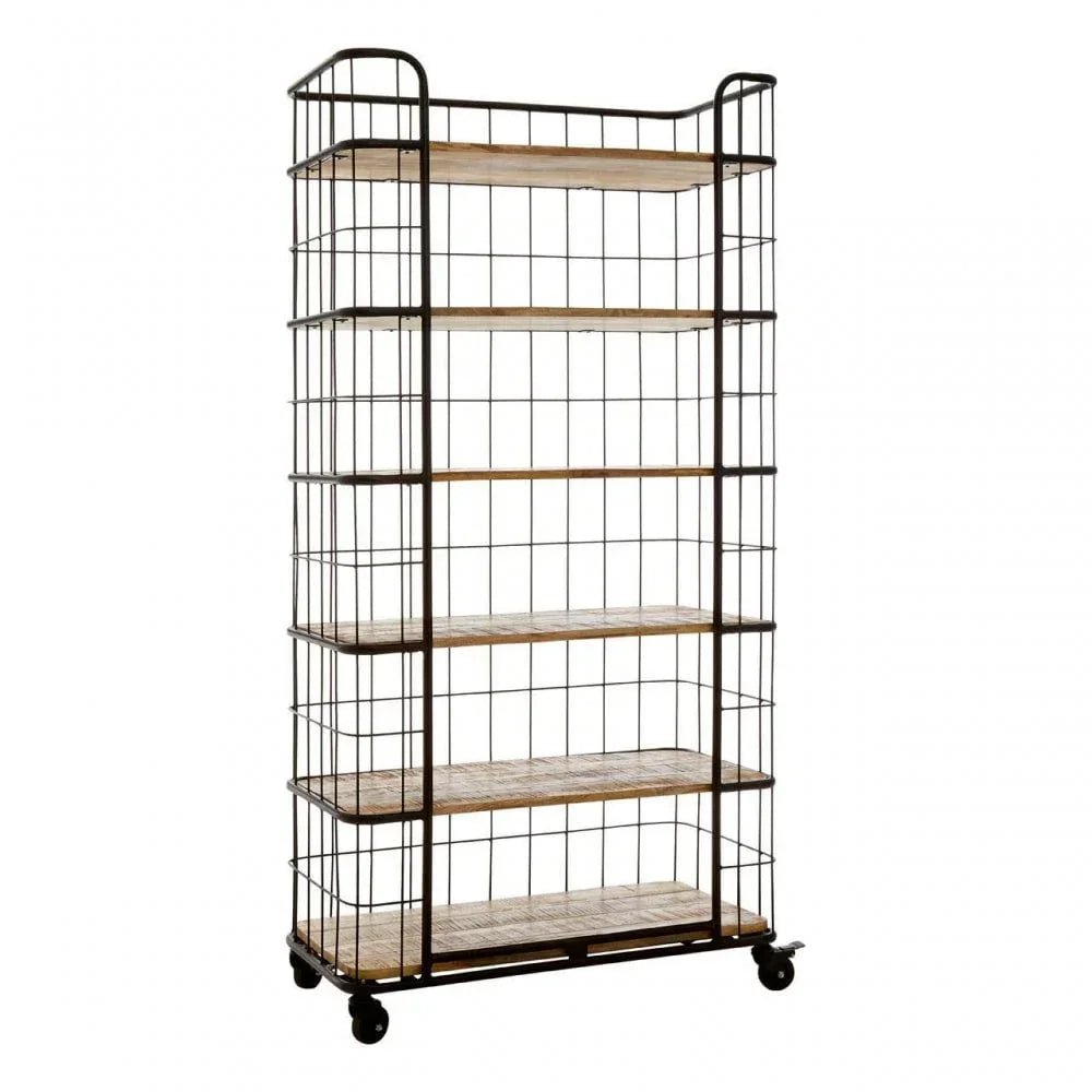 Industrial shelving unit with metal frame, wire sides, wood shelves and caster wheels