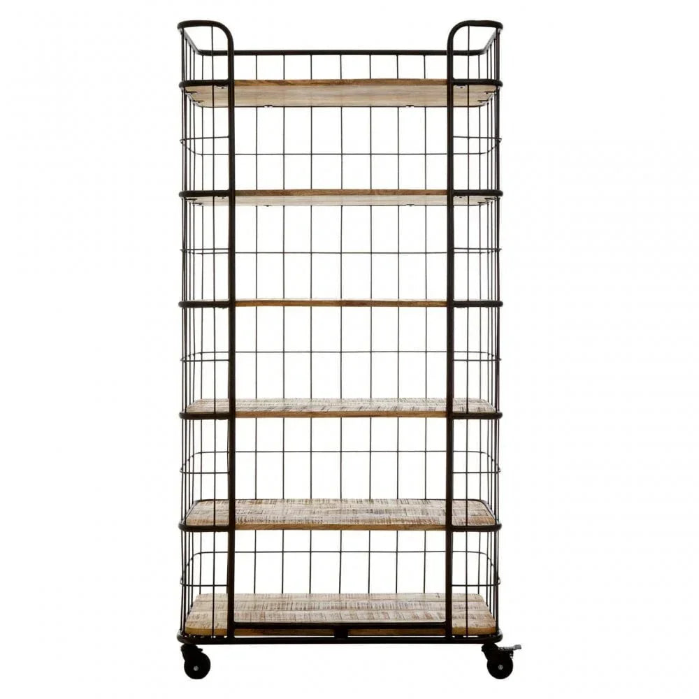 Industrial style shelving unit with metal frame, wooden shelves, and caster wheels