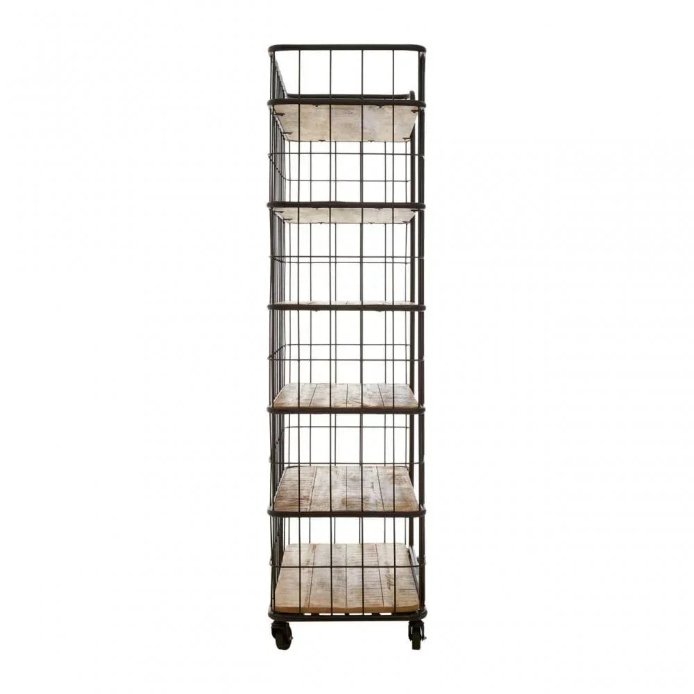 Tall industrial shelving unit with black metal frame and wooden shelves on castor wheels