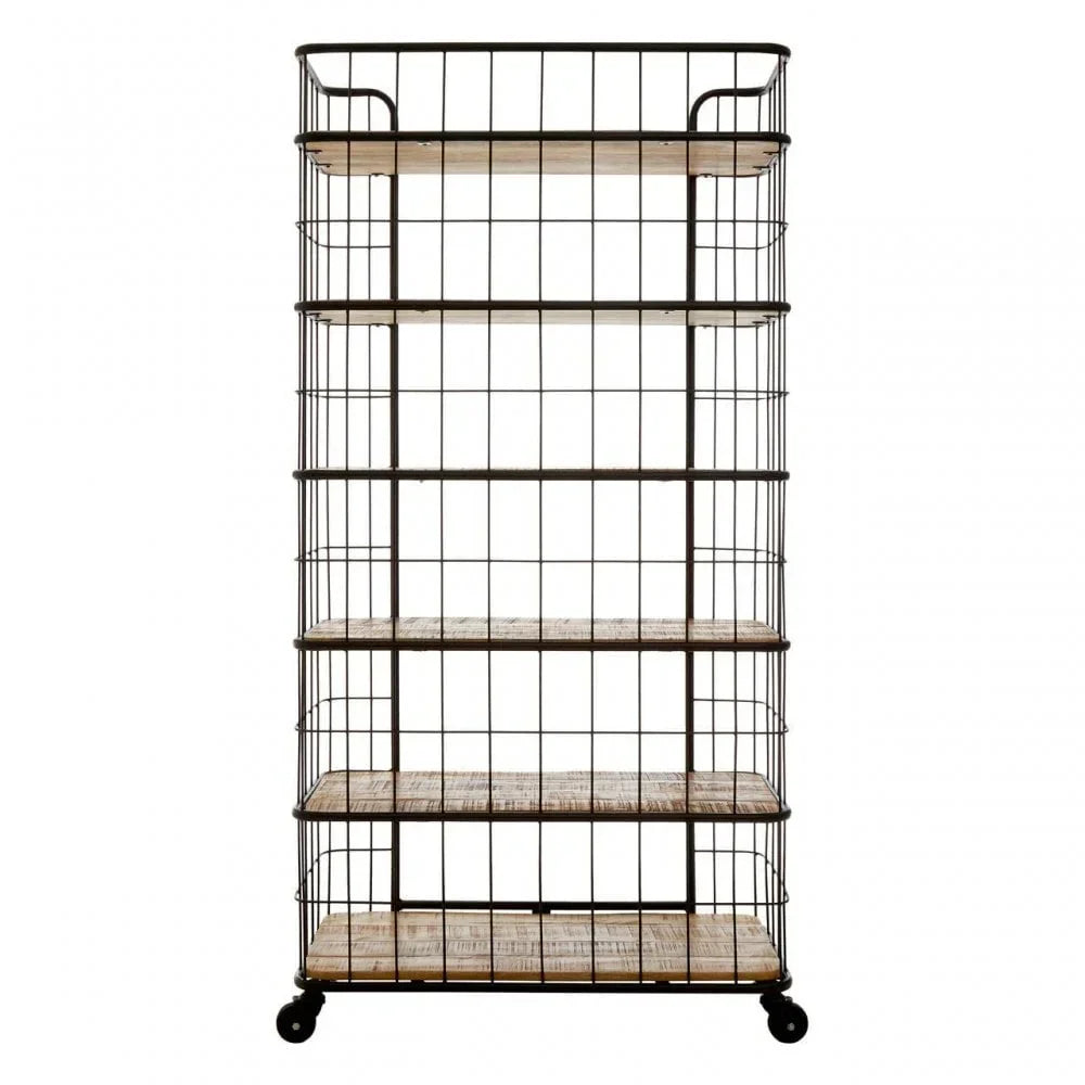 Industrial shelving unit with black wire frame, wooden shelves and caster wheels