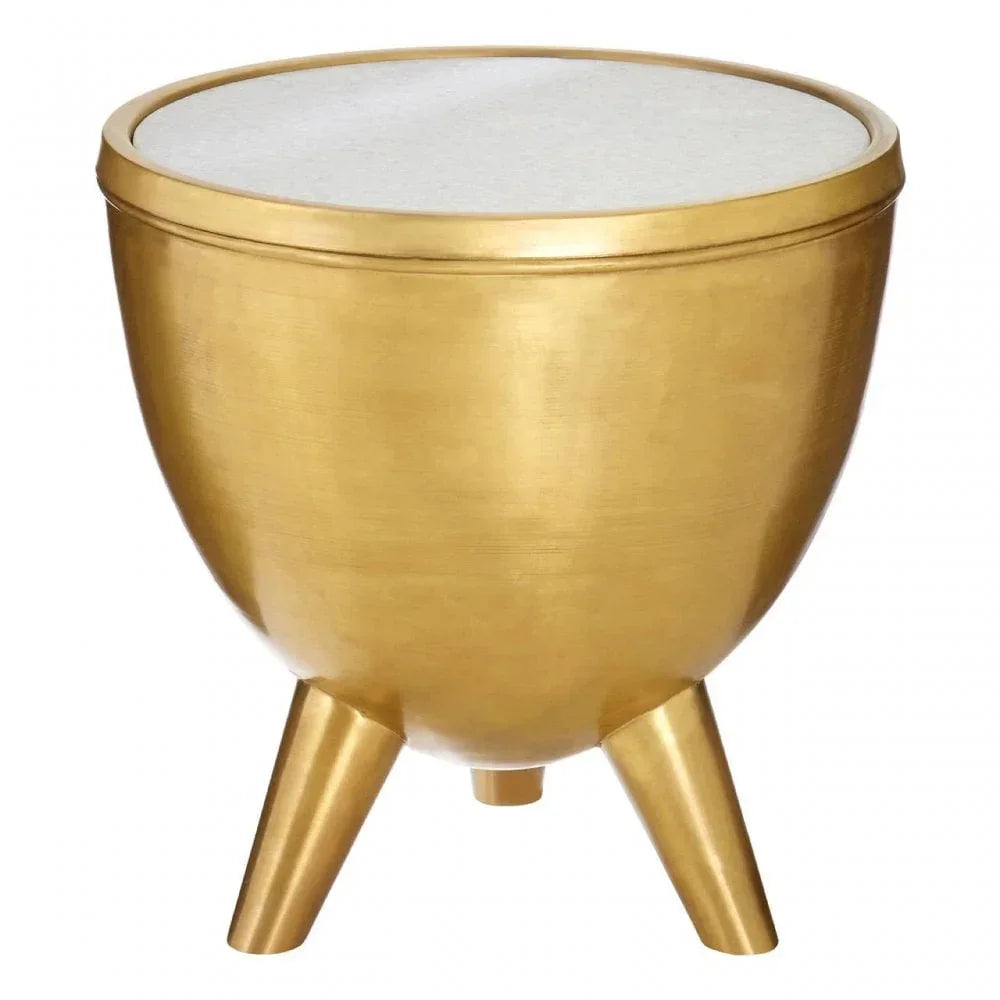 Round gold metal side table with three legs and white top