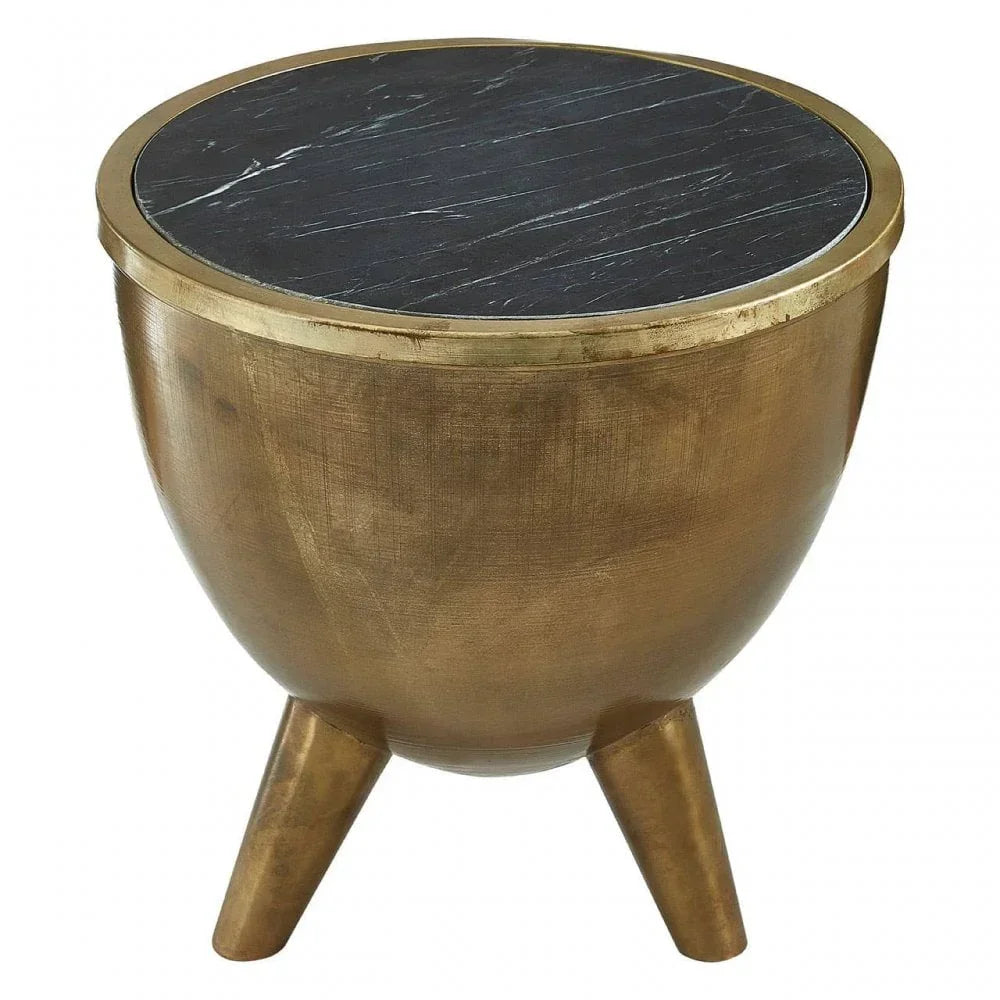 Round brass side table with black marble top and tripod legs