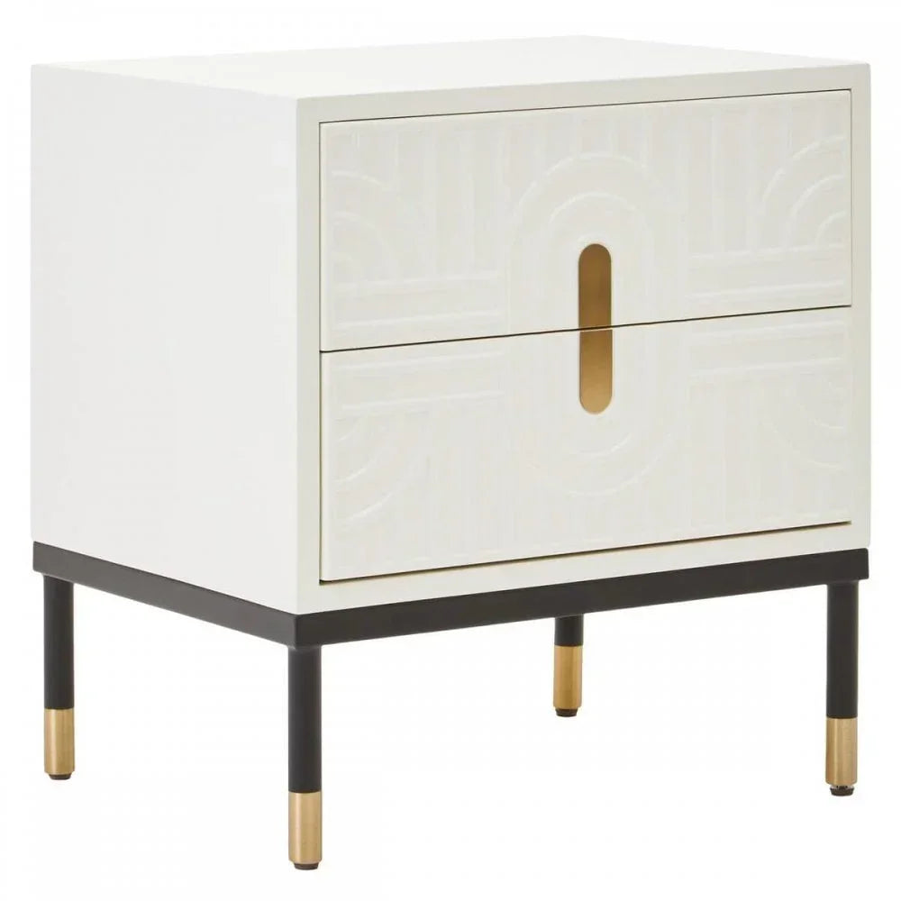 Modern white bedside table with two drawers, gold and black legs, geometric carved detail